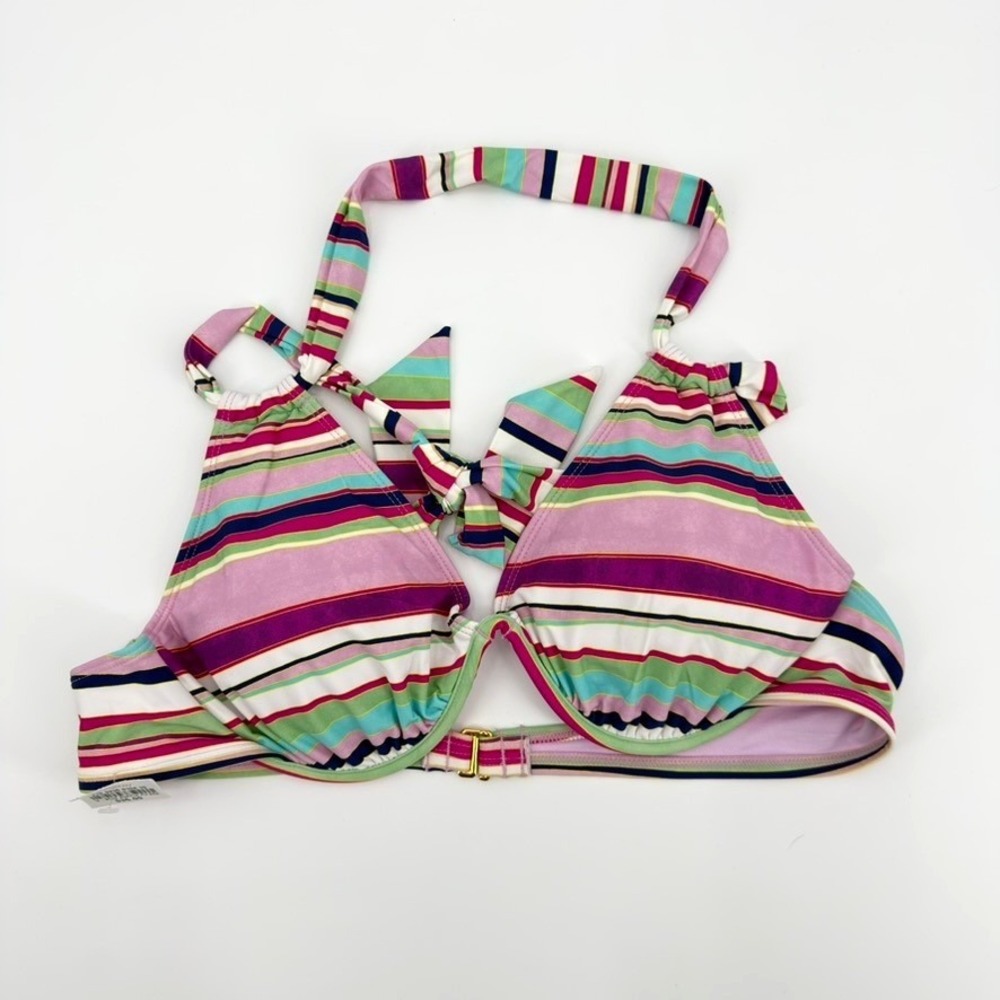 Mynah XXL Pink Purple Green Striped Underwire Ruffle Halter Bikini Top NWT